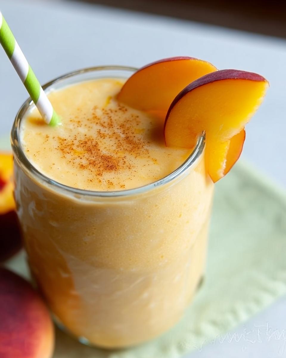 A close-up of a creamy Peach Yogurt Smoothie topped with cinnamon and garnished with fresh peach slices.