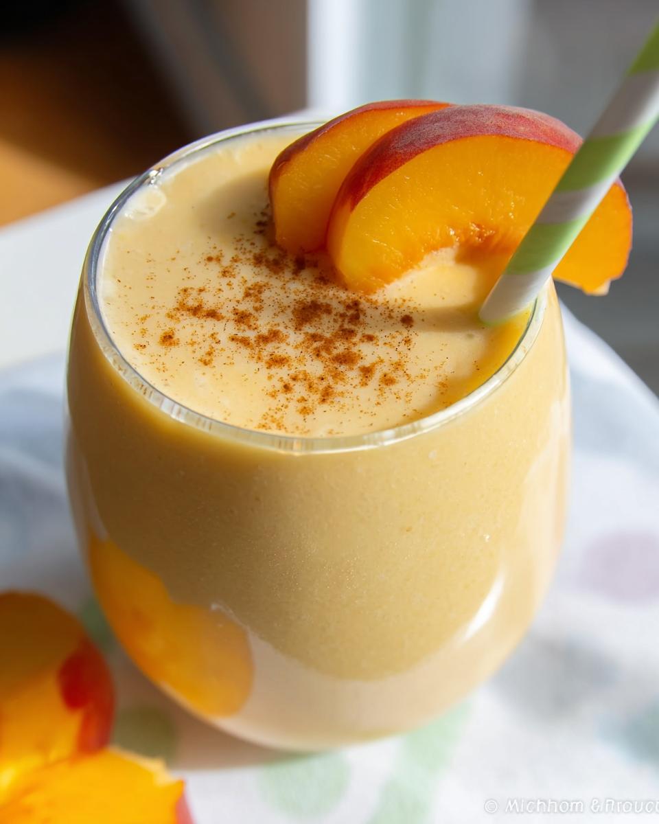 A close-up of a creamy Peach Yogurt Smoothie topped with fresh peach slices and cinnamon.
