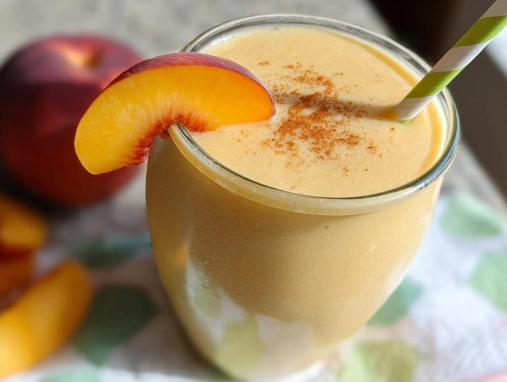 A close-up of a creamy Peach Yogurt Smoothie garnished with a fresh peach slice and cinnamon.