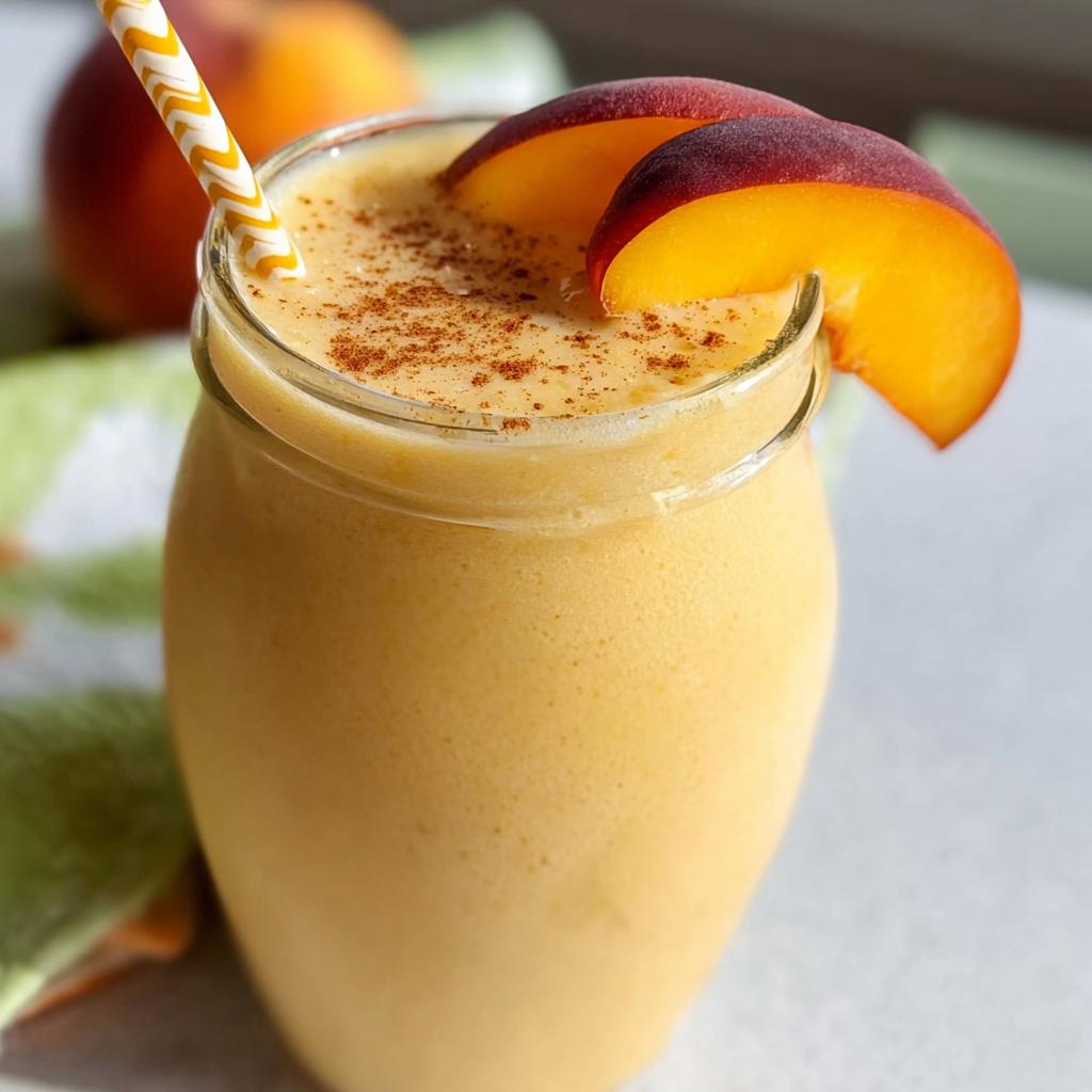 Close-up of a creamy Peach Yogurt Smoothie garnished with fresh peach slices and cinnamon.