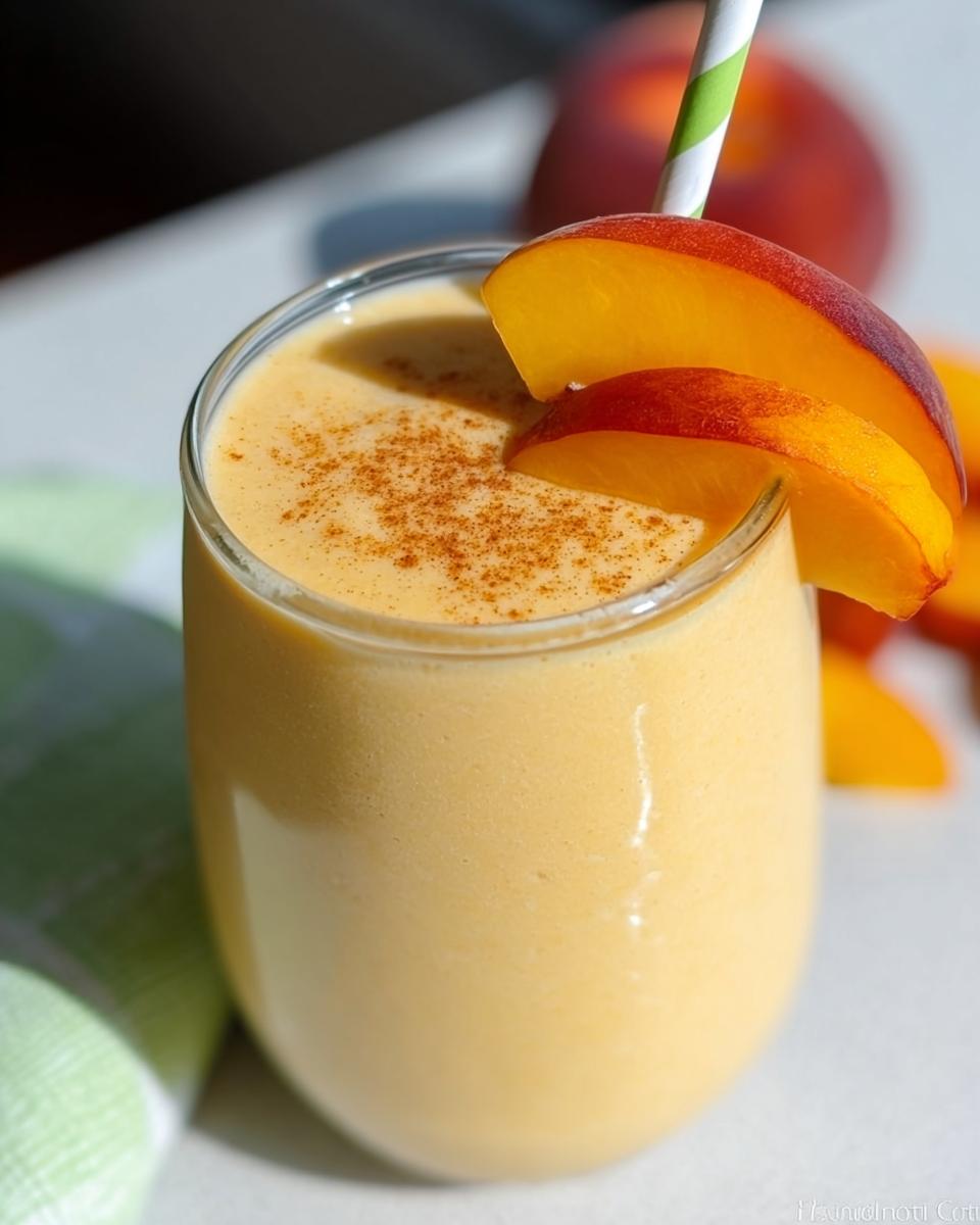 A close-up of a creamy Peach Yogurt Smoothie topped with cinnamon and garnished with fresh peach slices.