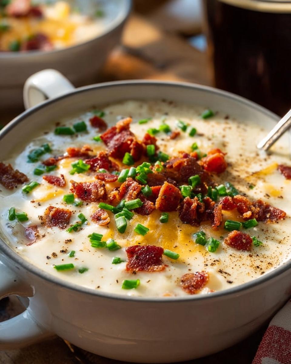 Close-up of a hearty bowl of creamy Potato Soup topped generously with crumbled bacon, melted cheese, and fresh chives.