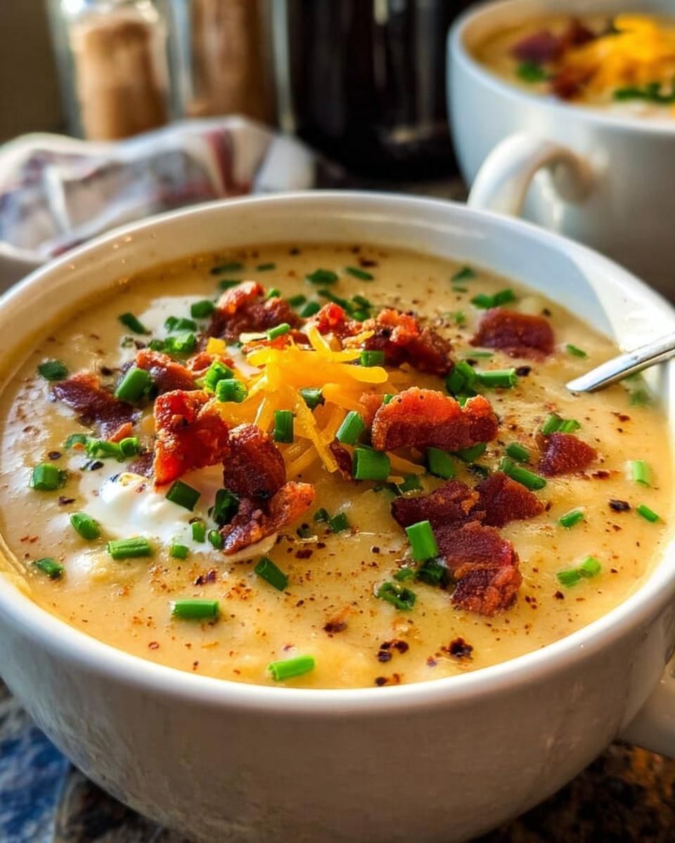 Close-up of a bowl of creamy Potato Soup topped generously with bacon bits, shredded cheddar cheese, sour cream, and chopped chives.