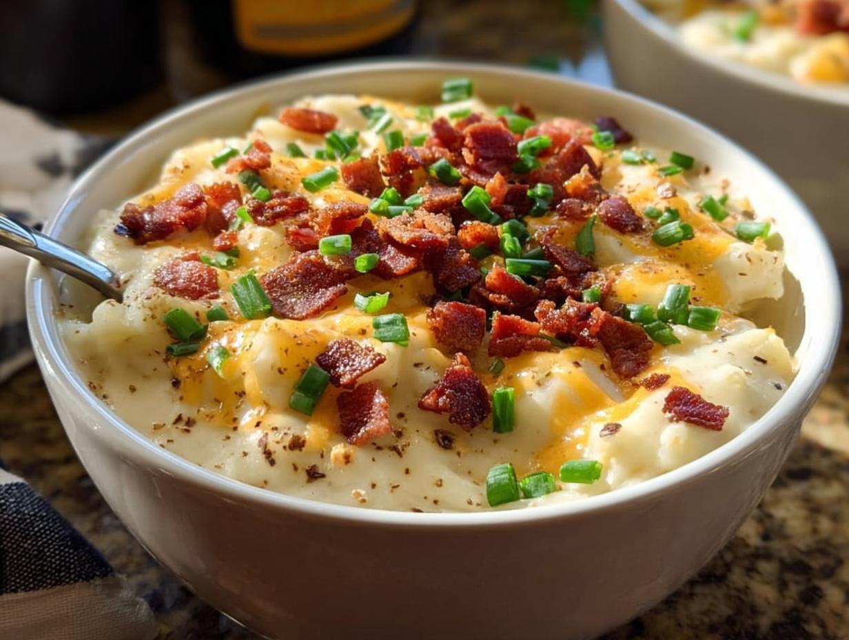 Close-up of a hearty bowl of creamy Potato Soup topped with melted cheddar cheese, crispy bacon bits, and fresh chives.
