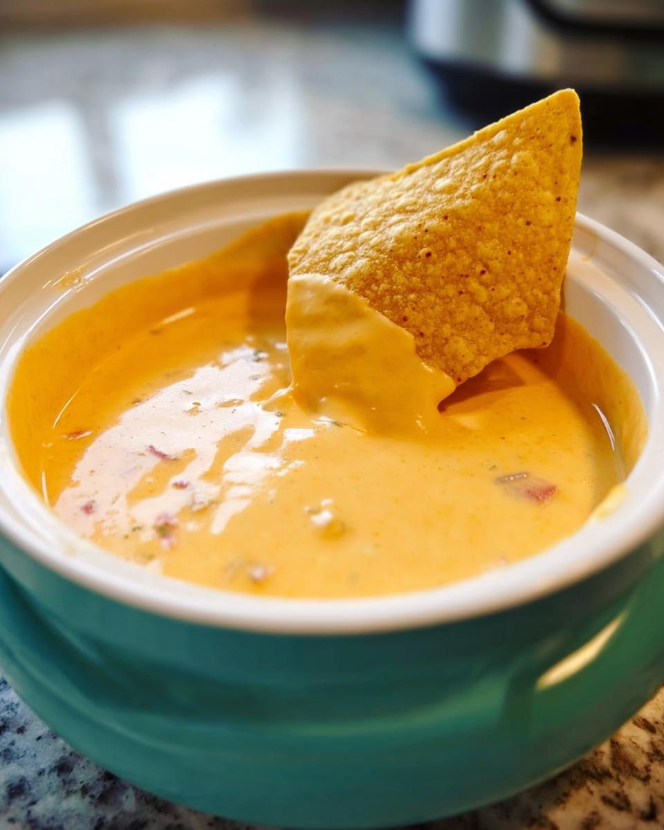 A close-up of a tortilla chip being dipped into a bowl of rich, creamy Queso Dip with visible specks of peppers.