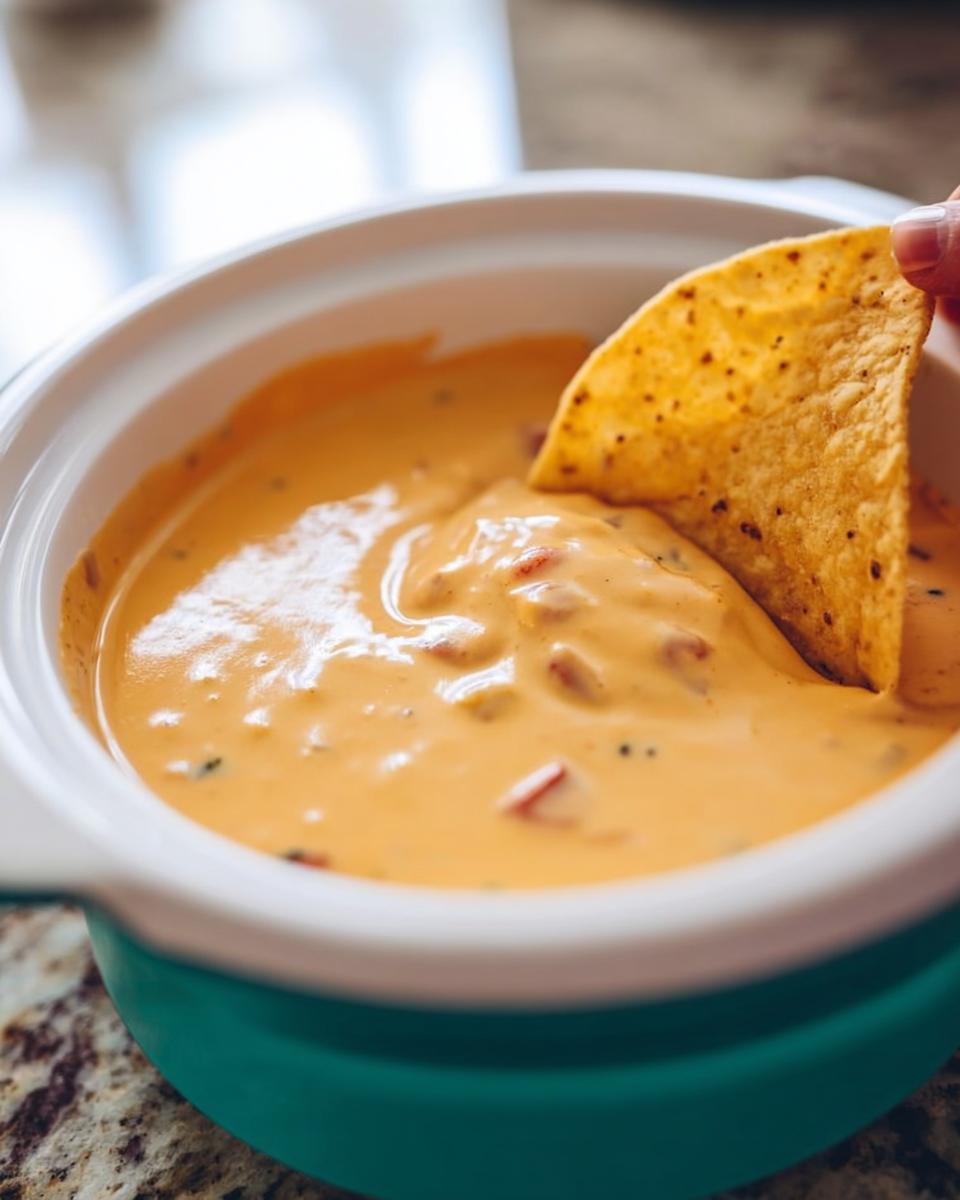 A hand dips a tortilla chip into a bowl of smooth, orange Queso Dip containing visible bits of tomato or pepper.