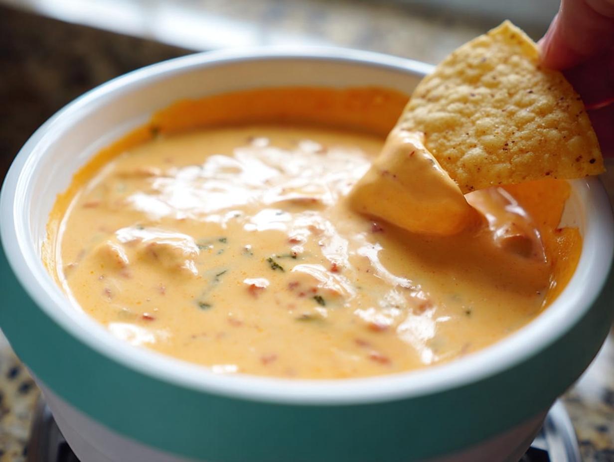 A hand dips a crispy tortilla chip into a bowl of creamy, orange Queso Dip containing visible pieces of tomato and cilantro.