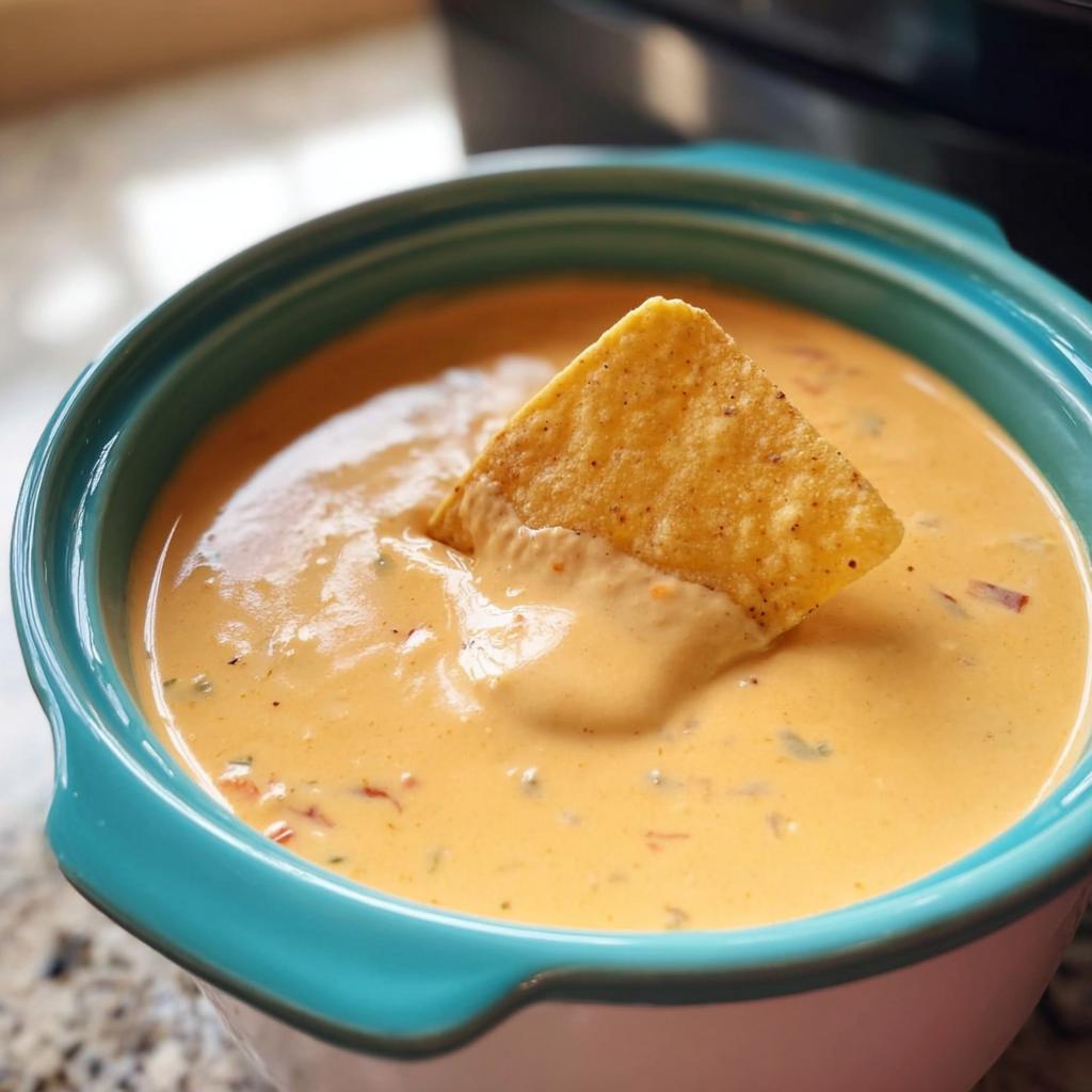 A tortilla chip dipped into a bowl of creamy, orange Queso Dip, showing its smooth texture.