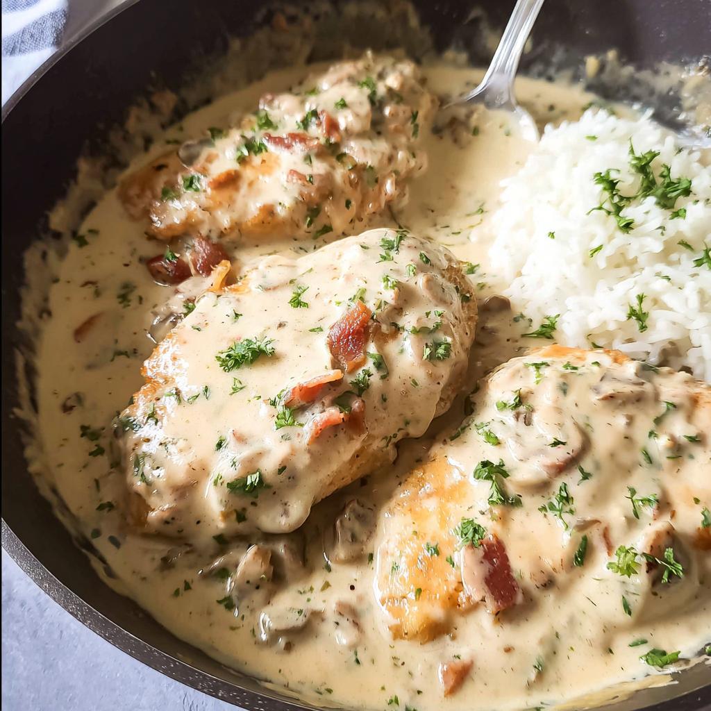 Three pieces of Creamy Smothered Chicken and Rice served in a skillet, covered in a rich mushroom sauce.