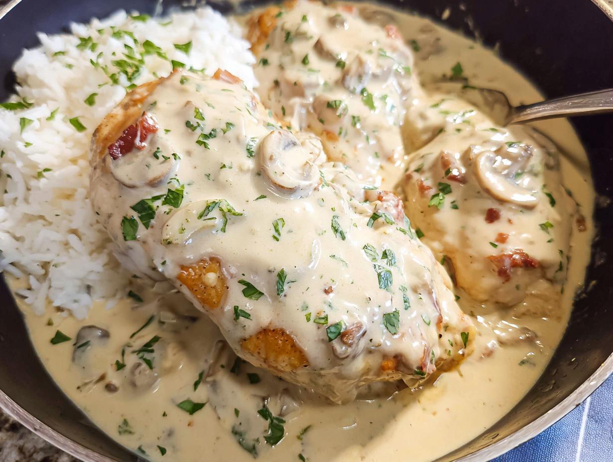 Three pieces of chicken breast smothered in a creamy mushroom sauce served next to white rice in a skillet.