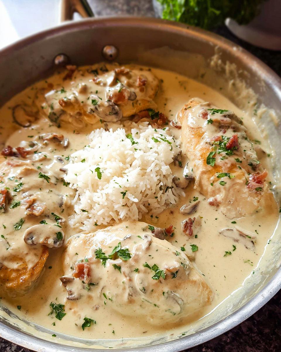 Four pieces of chicken smothered in a creamy sauce with mushrooms and bacon, served with rice in a metal skillet for a Creamy Smothered Chicken and Rice Recipe.