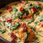 Close-up of perfectly cooked Creamy Tuscan Salmon fillets submerged in a rich, creamy sauce with spinach and sun-dried tomatoes.