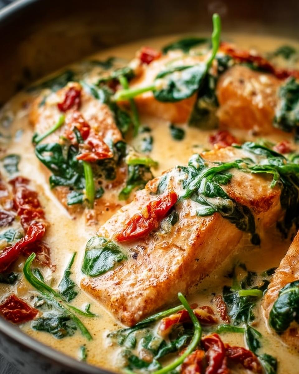 Close-up of seared salmon fillets submerged in a rich, creamy sauce with spinach and sun-dried tomatoes, featuring Creamy Tuscan Salmon.