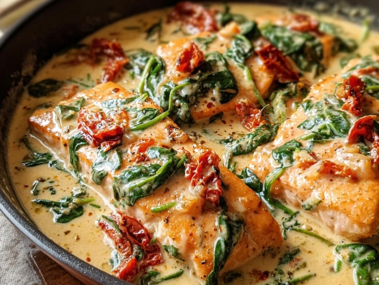 Close-up of perfectly cooked Creamy Tuscan Salmon fillets submerged in a rich, creamy sauce with spinach and sun-dried tomatoes.