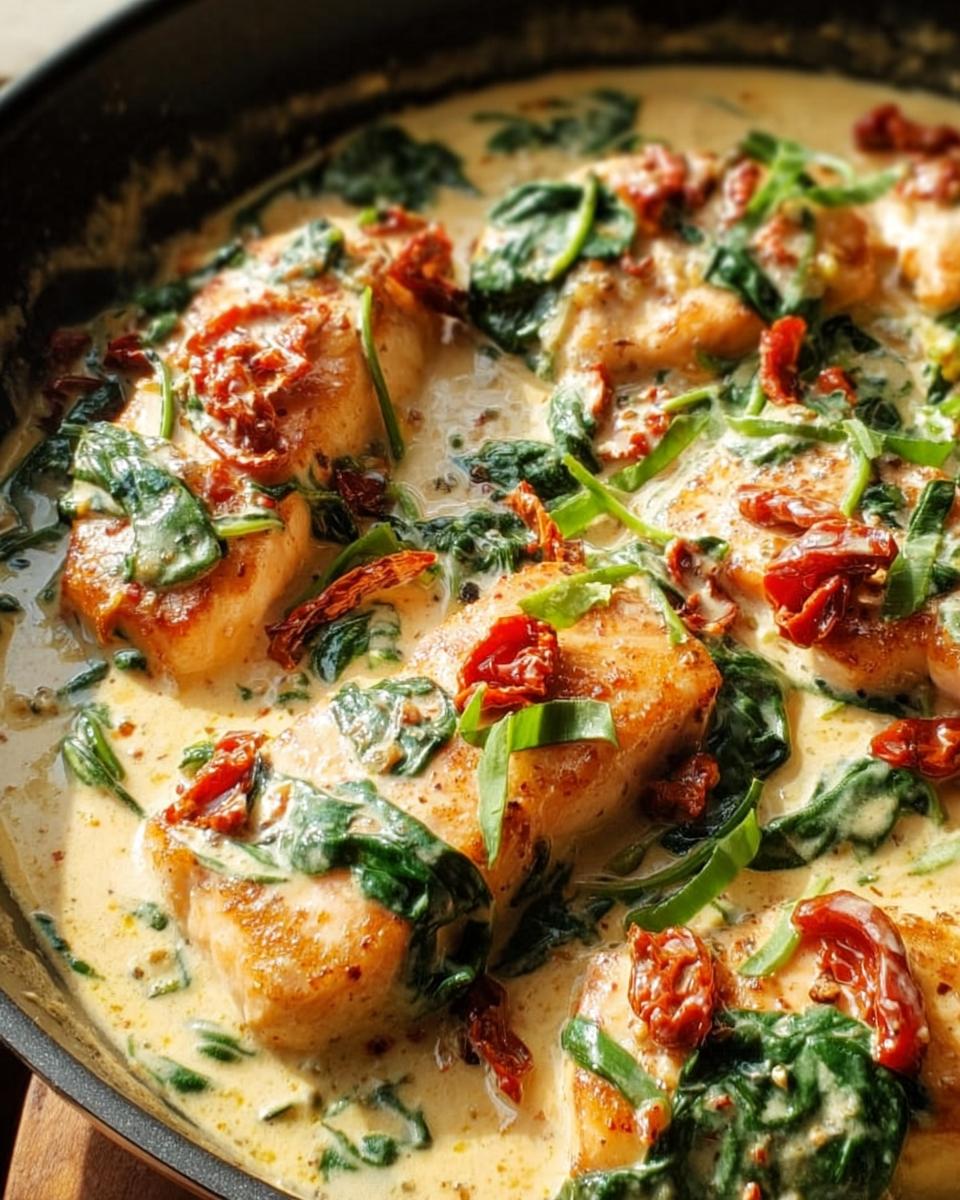 Close-up of pan-seared salmon fillets smothered in a creamy sauce with spinach and sun-dried tomatoes, our Creamy Tuscan Salmon.