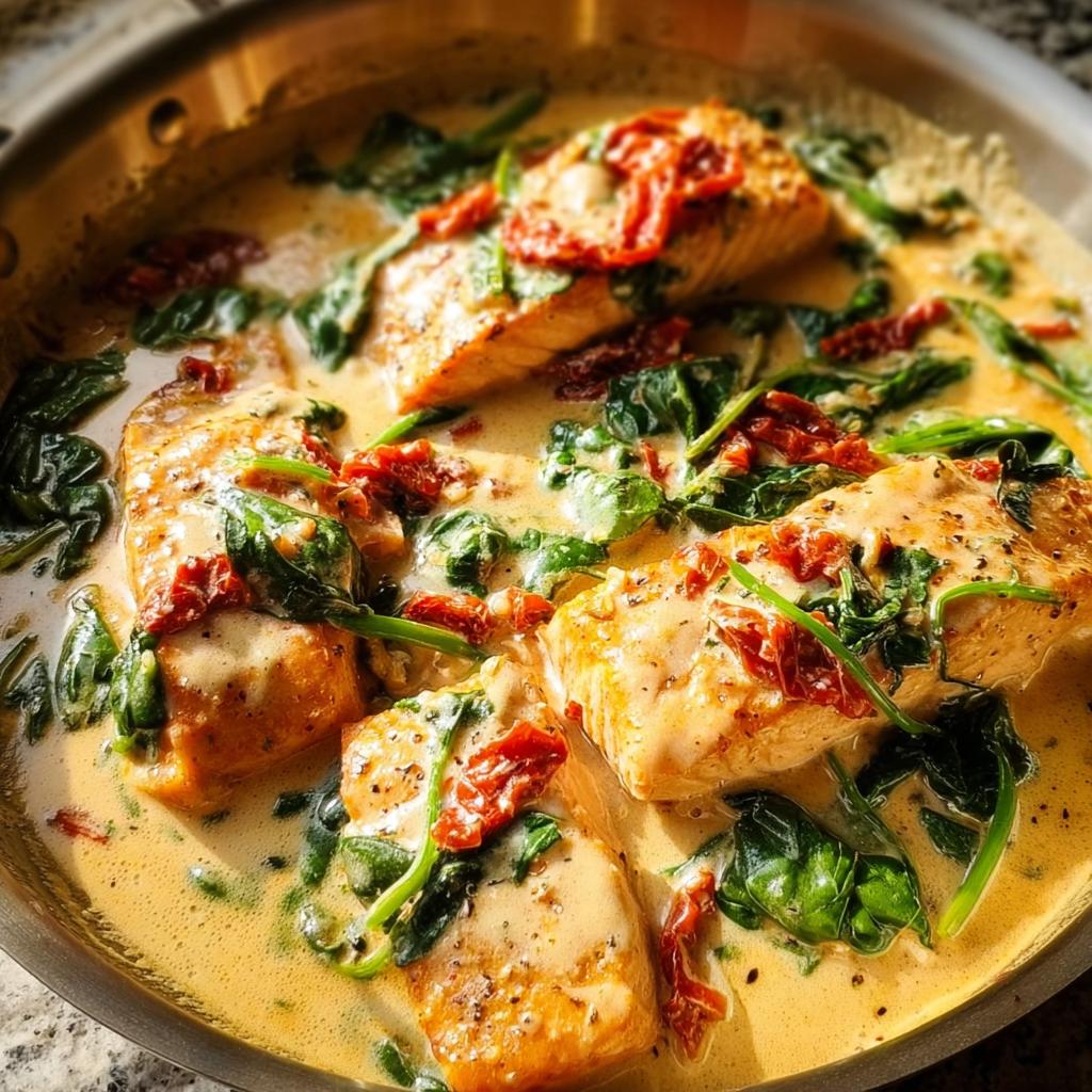 Four pieces of pan-seared Creamy Tuscan Salmon covered in a rich, creamy sauce with wilted spinach and sun-dried tomatoes.