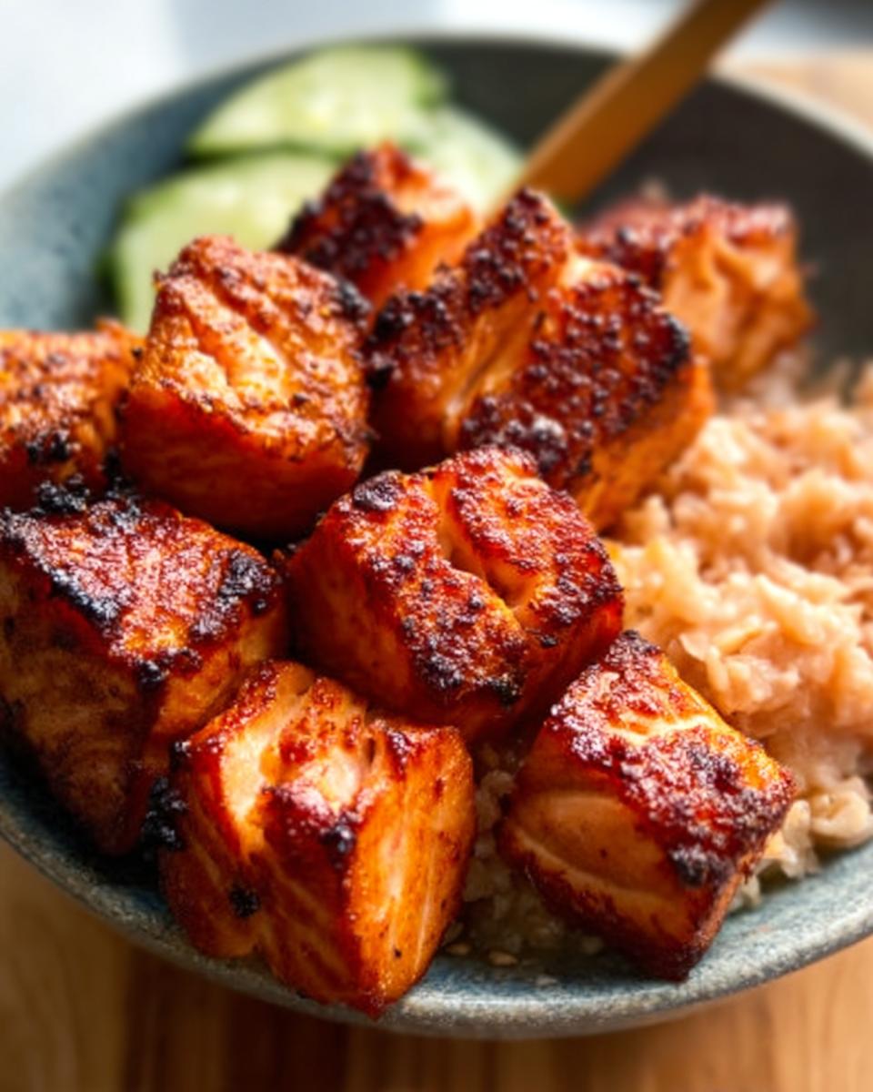 Close-up of crispy Air Fryer Salmon bites served over rice with sliced cucumbers in a blue bowl.