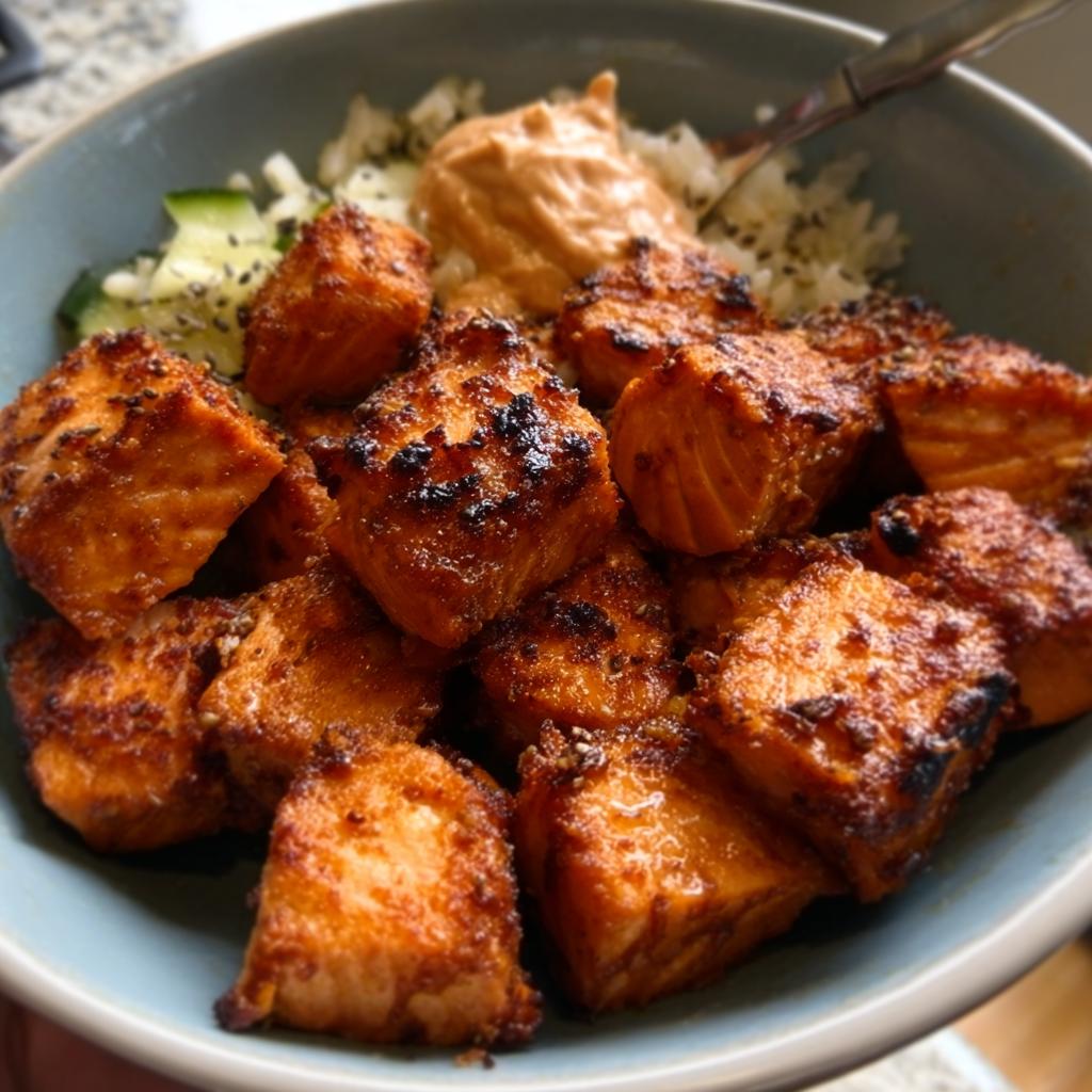 Close-up of crispy Air Fryer Salmon bites served over rice with cucumber and a dollop of spicy sauce.