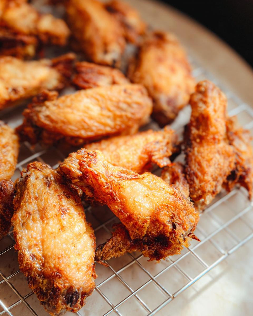 Close-up of golden, perfectly cooked Crispy Baked Chicken Wings resting on a wire cooling rack.