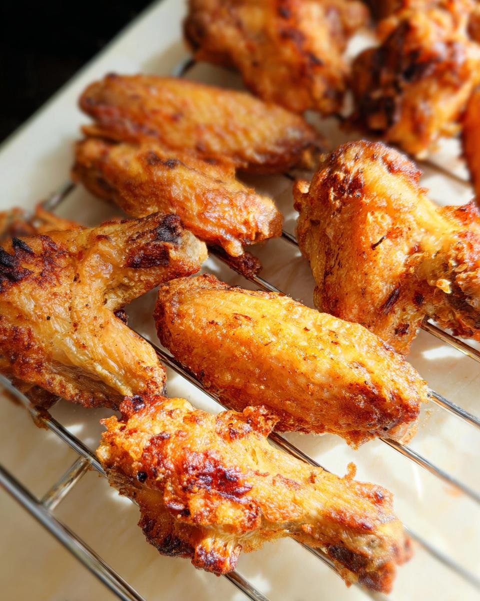 Close-up of golden brown, crispy baked chicken wings resting on a wire rack after cooking.