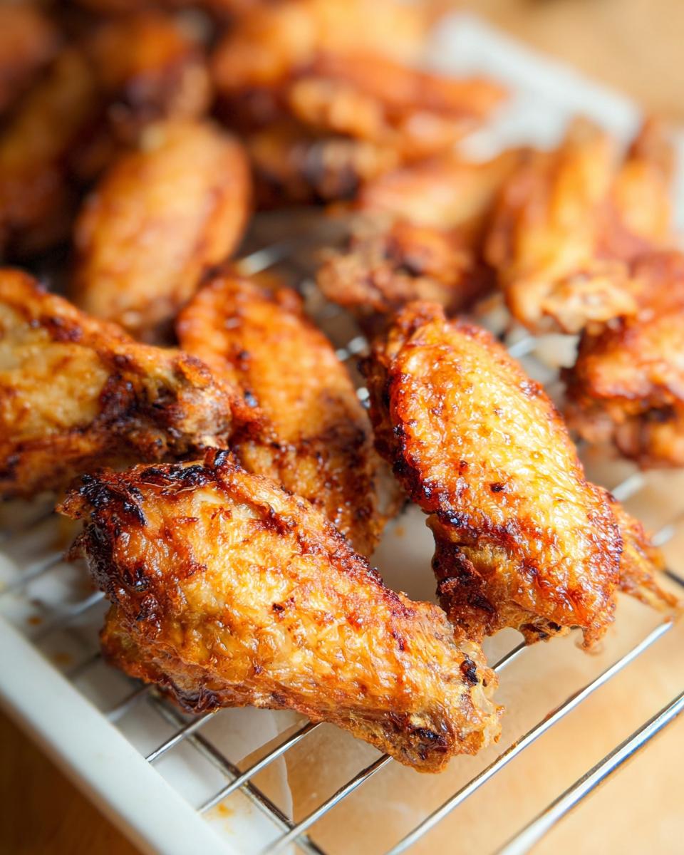 Close-up of golden brown, very crispy baked chicken wings resting on a wire rack.