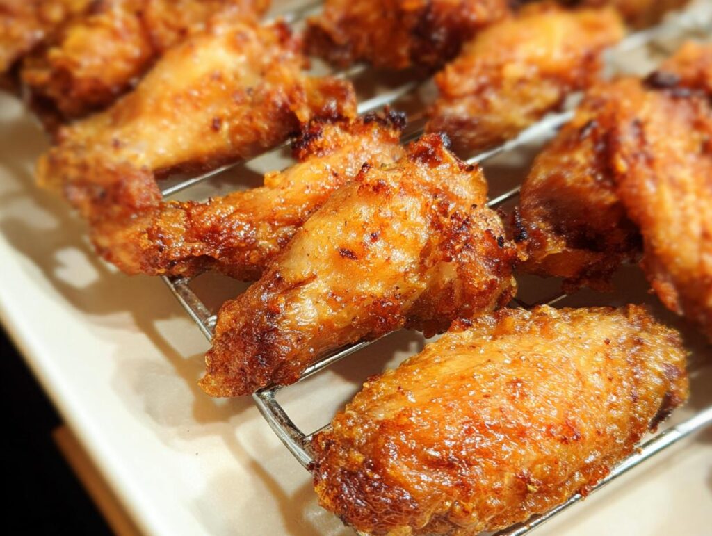 Close-up of golden brown, crispy baked chicken wings resting on a wire cooling rack.