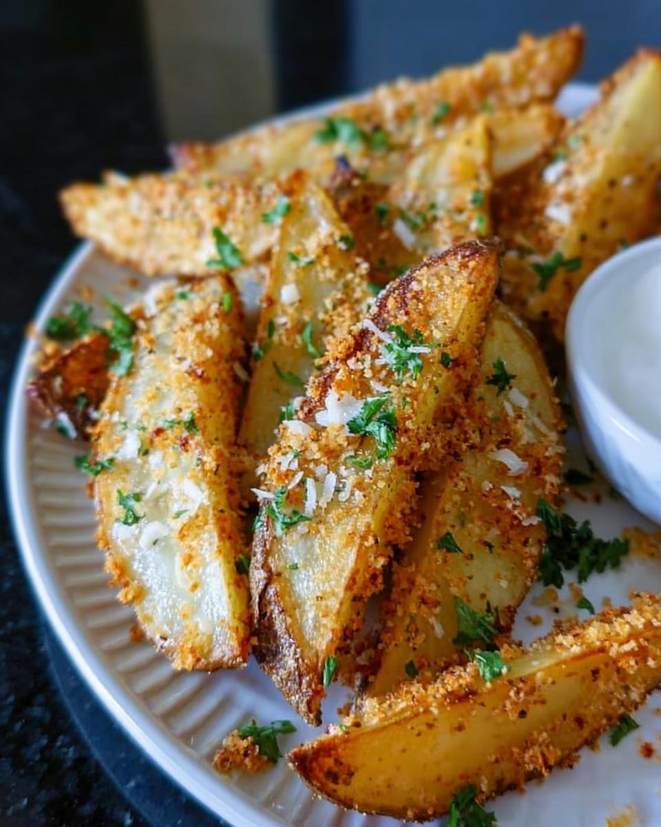 Close-up of crispy, golden Garlic Parmesan Potato Wedges topped with grated cheese and parsley.