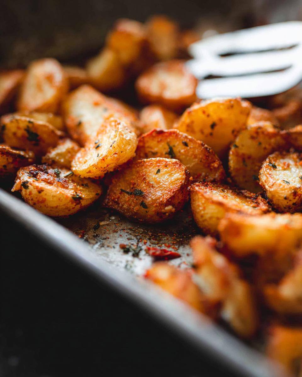 Close-up of golden brown, seasoned Crispy Roasted Potatoes fresh out of the oven on a dark baking sheet.