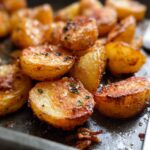 Close-up of golden brown, perfectly Crispy Roasted Potatoes seasoned with herbs on a dark baking sheet.