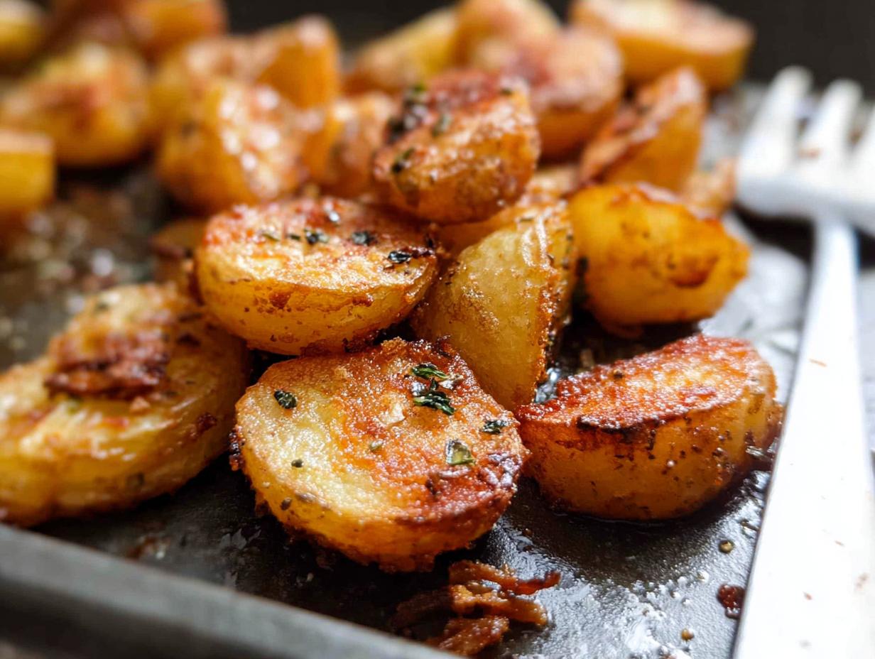 Close-up of golden brown, perfectly Crispy Roasted Potatoes seasoned with herbs on a dark baking sheet.