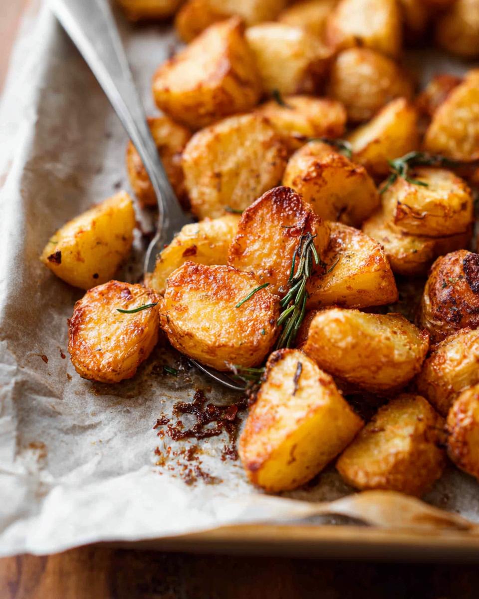 Close-up of golden, fluffy Crispy Roasted Potatoes seasoned with rosemary on parchment paper.