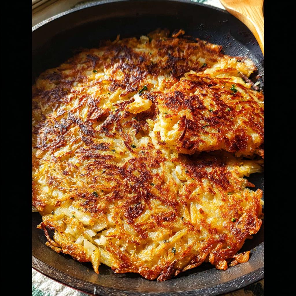 Golden brown, crispy skillet Hash Browns filling a dark frying pan, with one section slightly lifted.