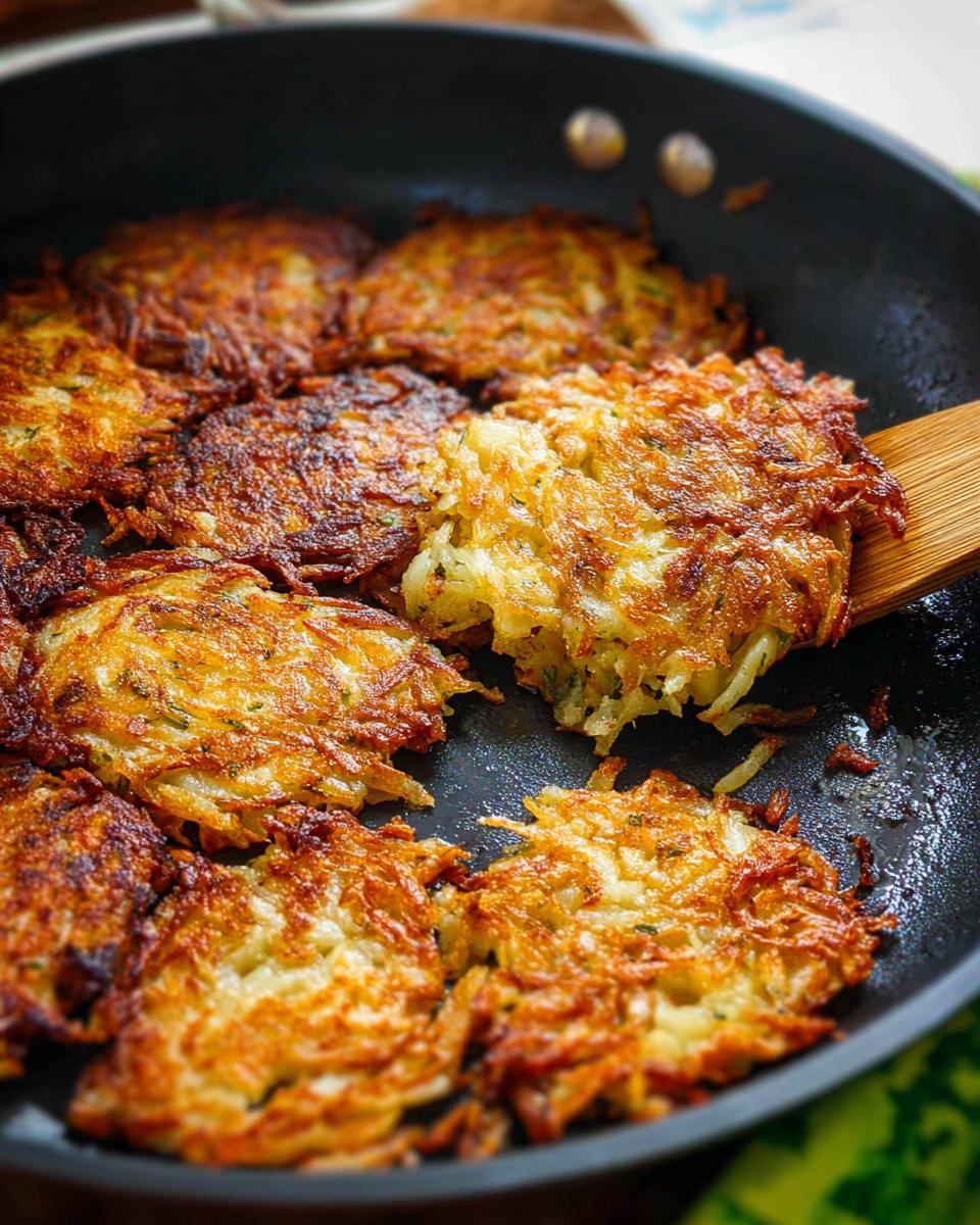 Close-up of golden brown, crispy skillet Hash Browns being flipped in a black frying pan with a wooden spatula.