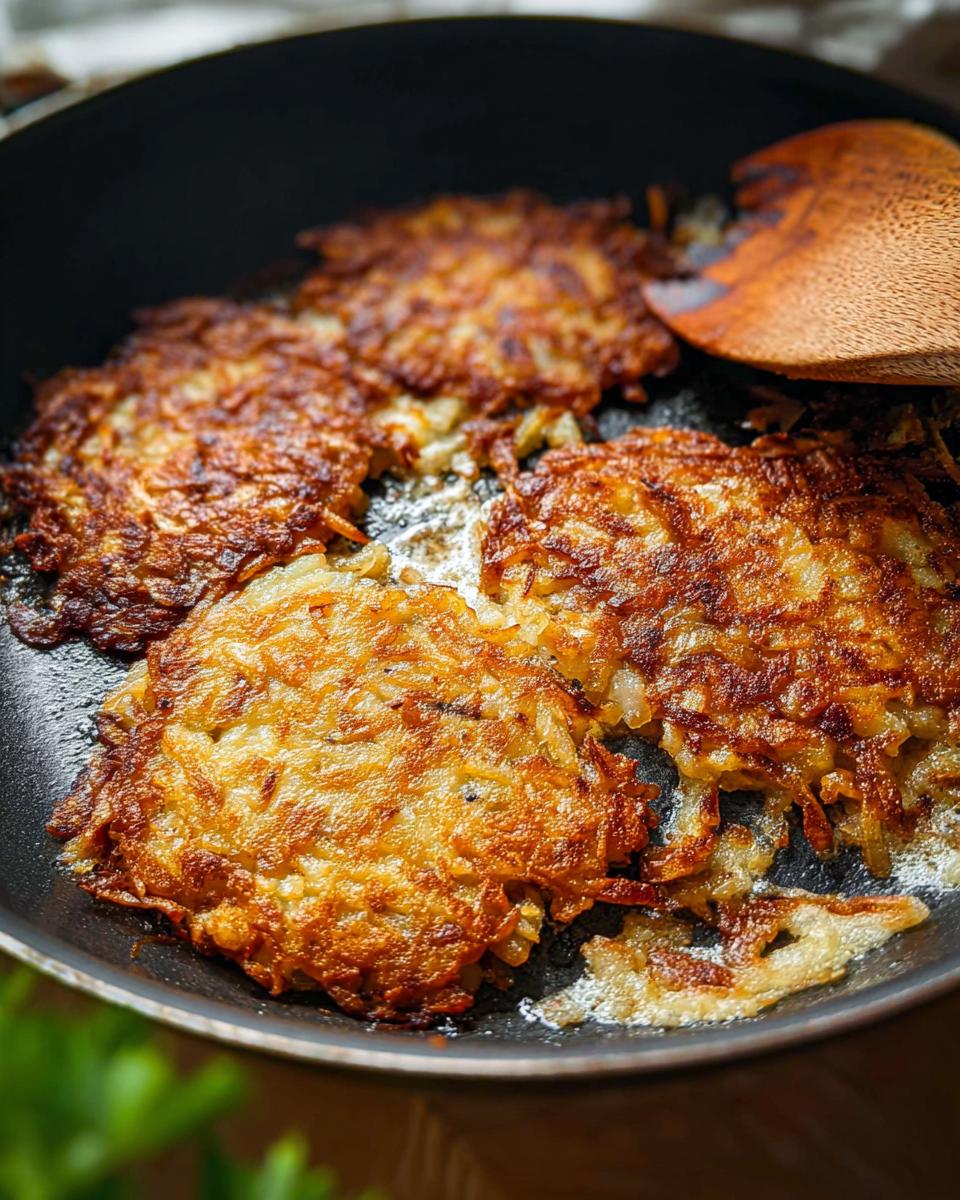 Three golden brown, crispy skillet Hash Browns frying in oil in a black pan with a wooden spatula nearby.