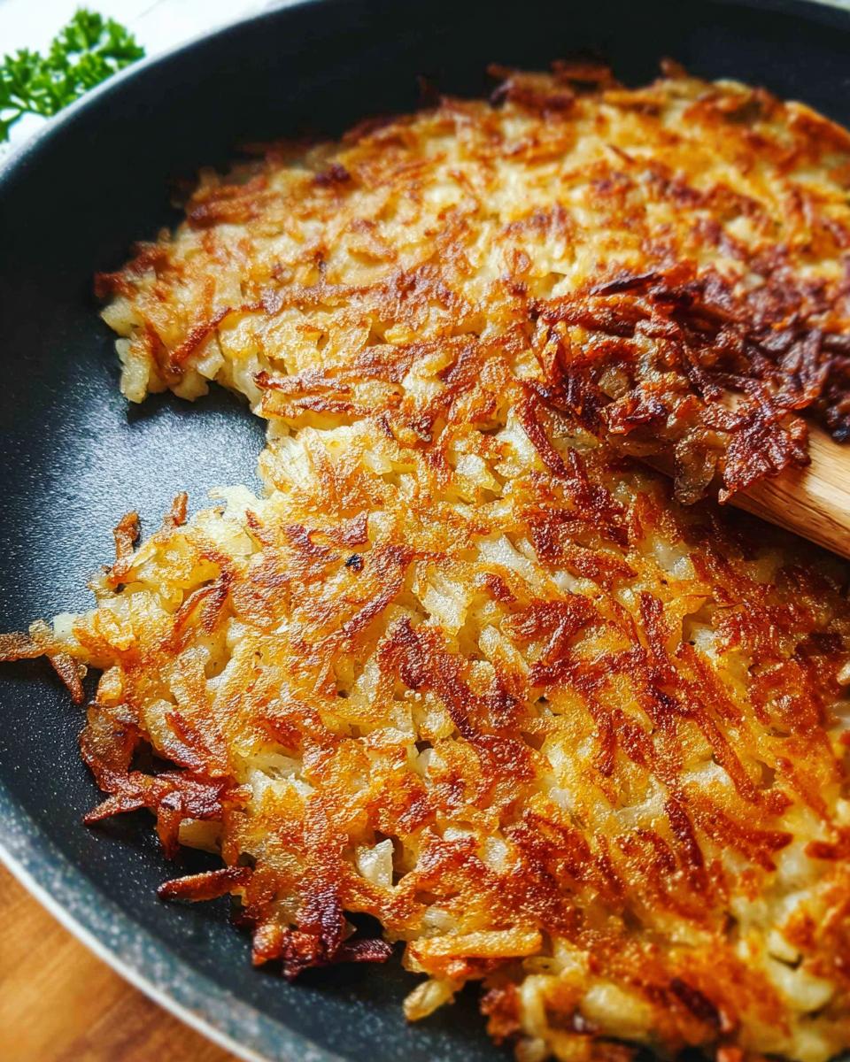 Close-up of golden brown, crispy skillet Hash Browns being cooked in a dark non-stick pan.