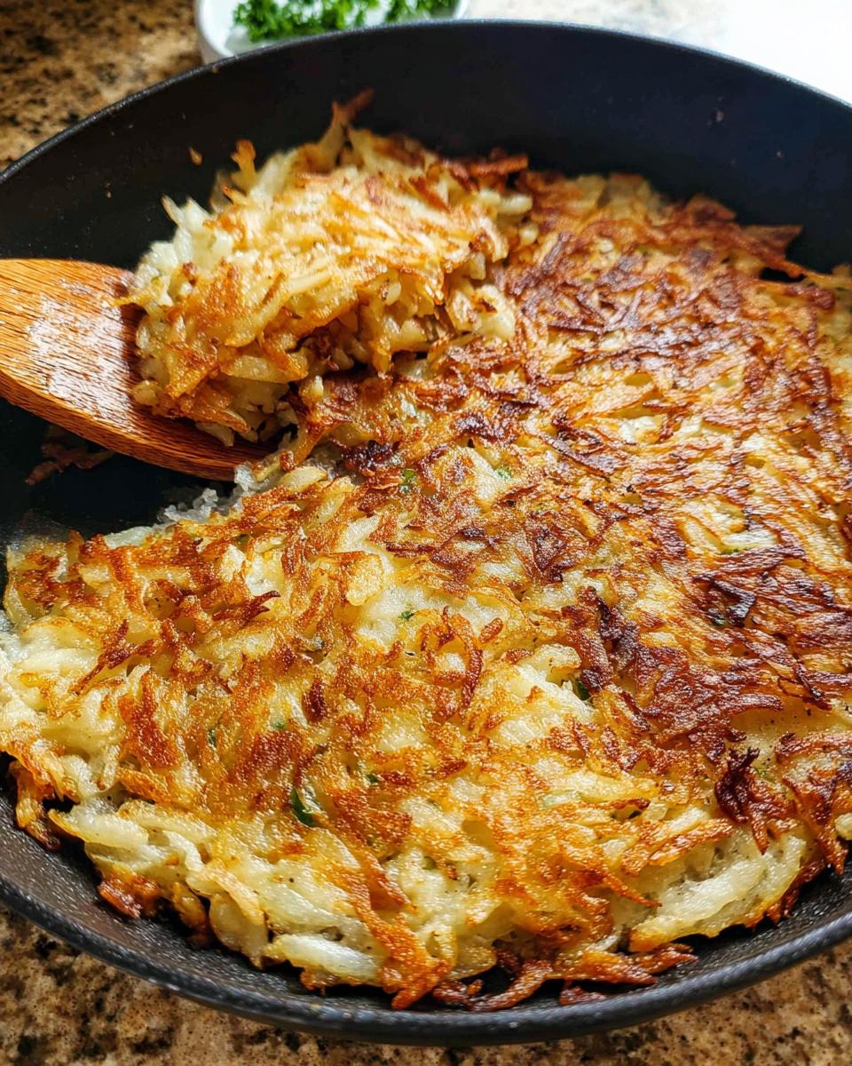 Close-up of perfectly golden brown, crispy skillet Hash Browns being lifted slightly with a wooden spatula.