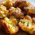 Close-up of golden brown, crispy smash potatoes sprinkled with fresh parsley.