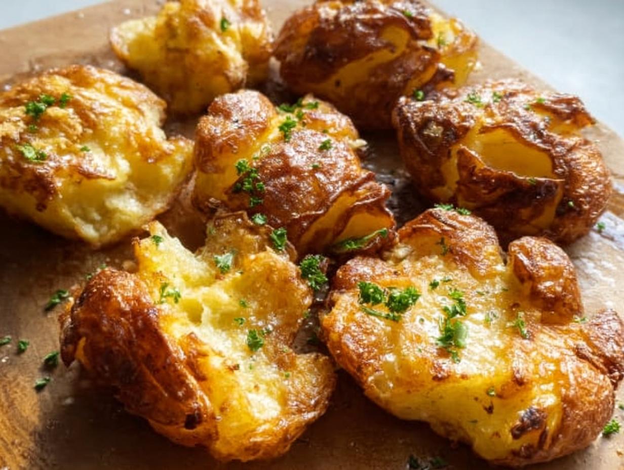 Close-up of golden brown, crispy smash potatoes sprinkled with fresh parsley.