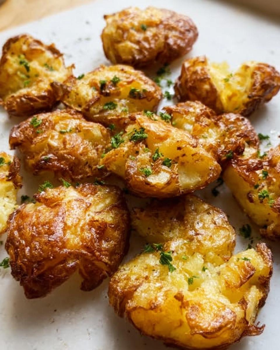 Close-up of golden brown, crispy smash potatoes sprinkled with fresh green parsley.