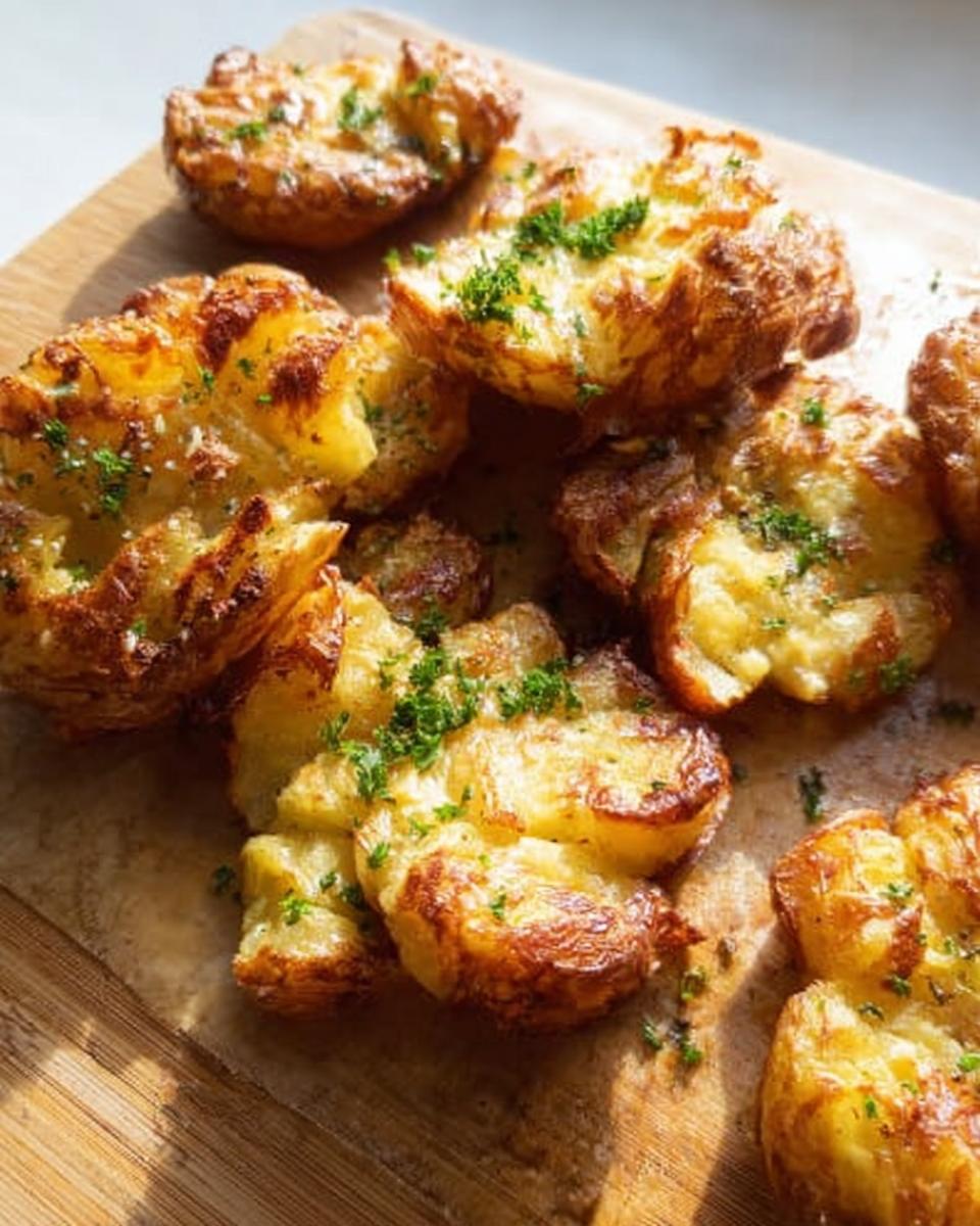 A close-up of golden brown, crispy smash potatoes sprinkled with fresh parsley.