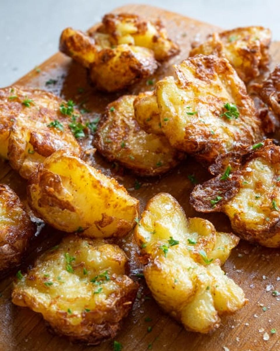 Close-up of golden brown, crispy smash potatoes sprinkled with fresh parsley on a wooden cutting board.