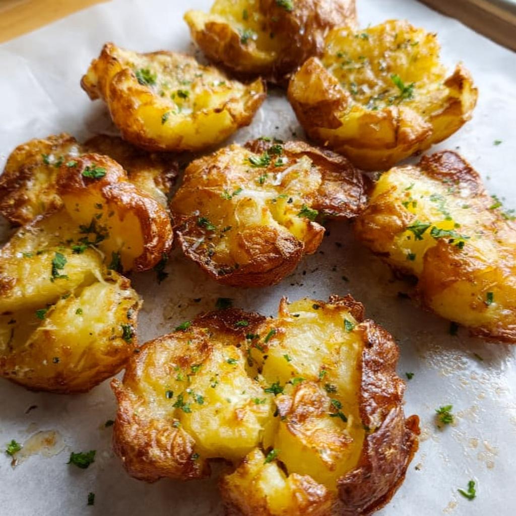 Close-up of golden brown, crispy smash potatoes sprinkled with fresh parsley.