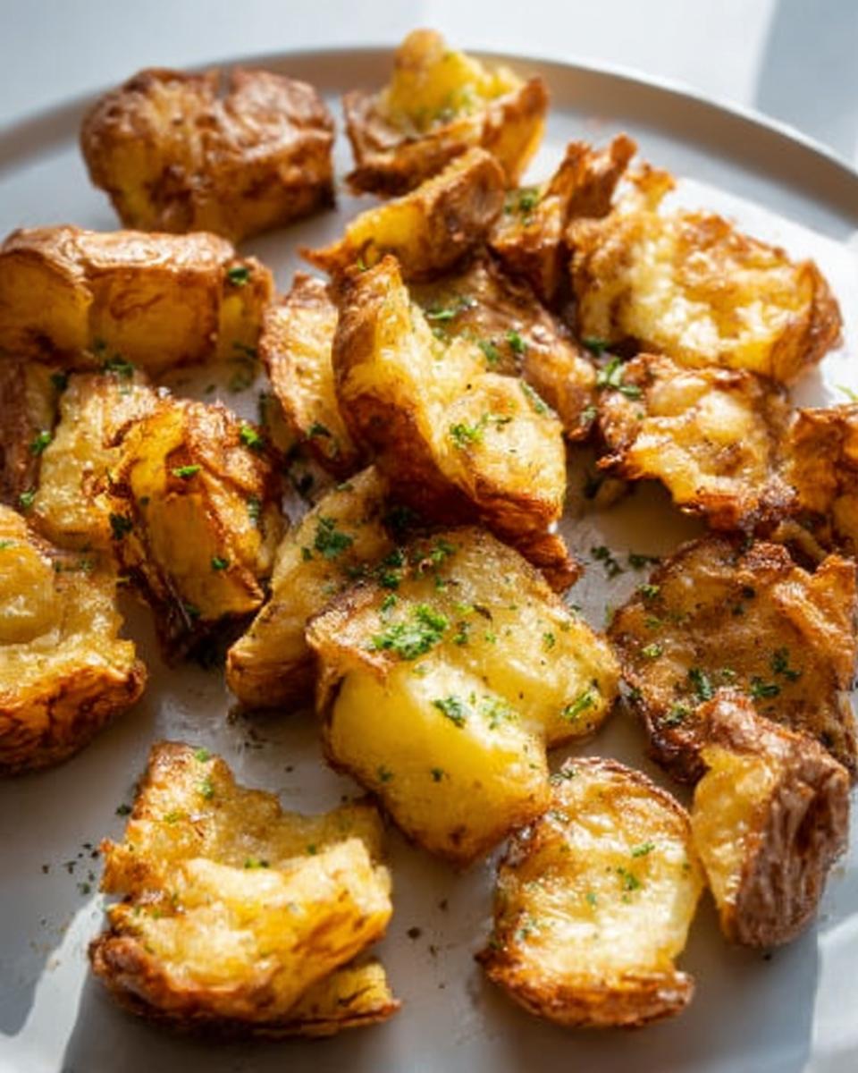 Close-up of golden brown, perfectly roasted Crispy Smash Potatoes garnished with fresh green herbs.