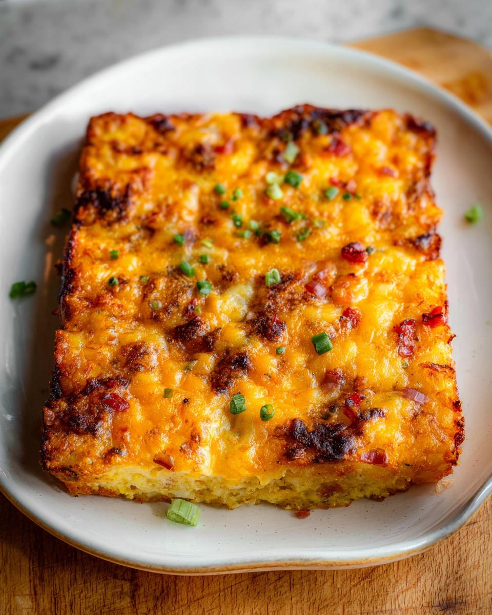 A square serving of Tater Tot Breakfast Casserole with a golden, crispy, cheesy top garnished with chives.