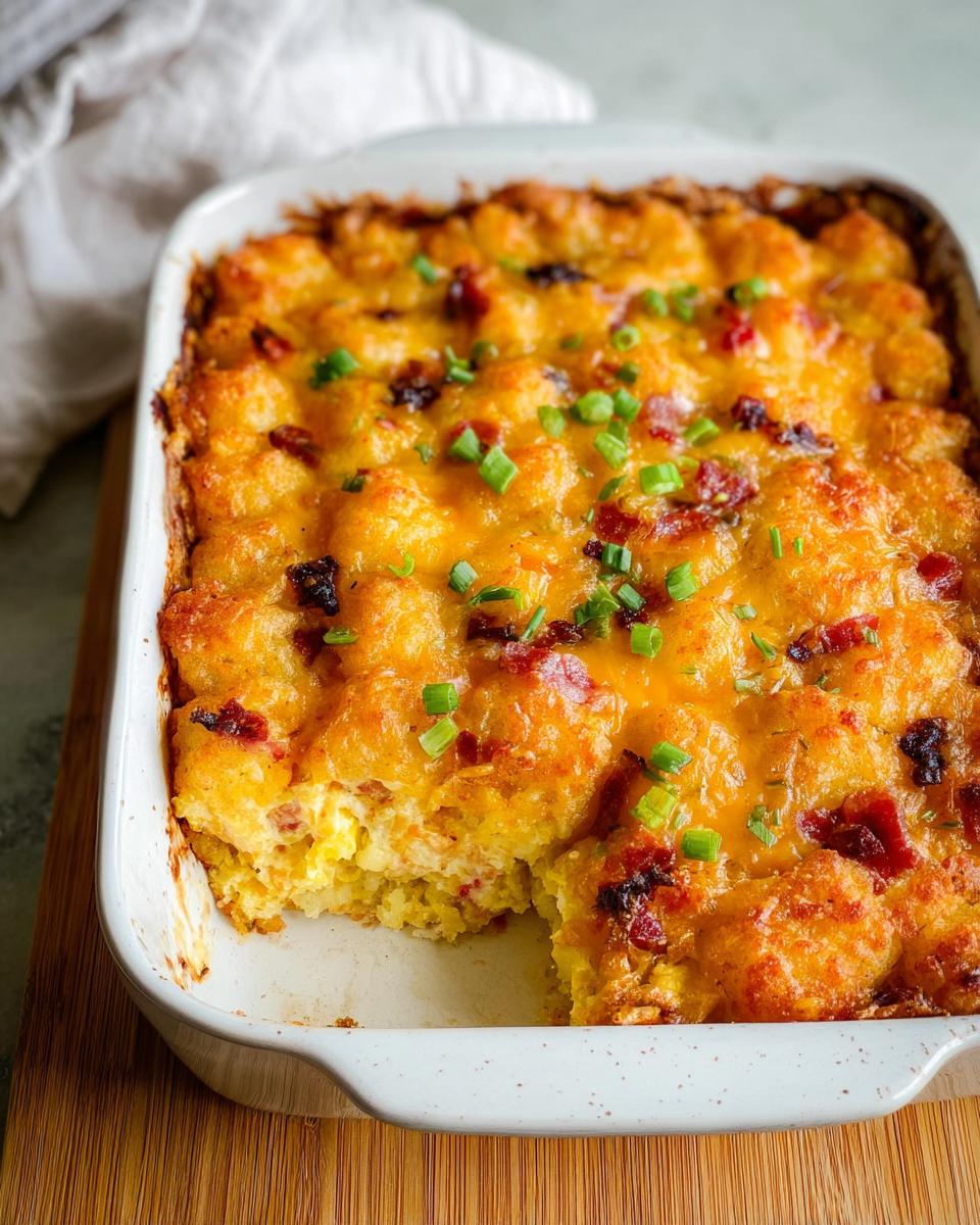 A golden brown Tater Tot Breakfast Casserole with melted cheese, bacon bits, and green onions in a white baking dish.