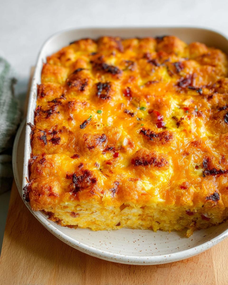 A freshly baked Tater Tot Breakfast Casserole with a golden, crispy, cheesy top, served in a white baking dish.