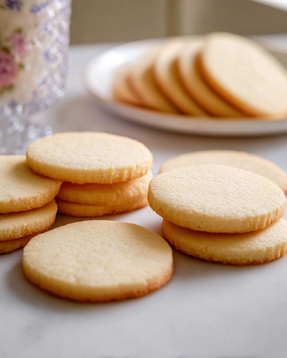 Close-up of golden brown, perfectly round Cutout Sugar Cookies stacked neatly on a white surface.