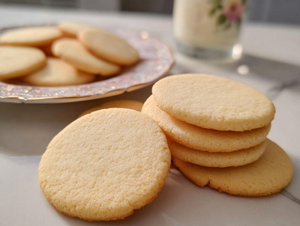 Close-up of perfectly baked, plain round Cutout Sugar Cookies with sharp edges, stacked next to a plate of more cookies and a glass of milk.