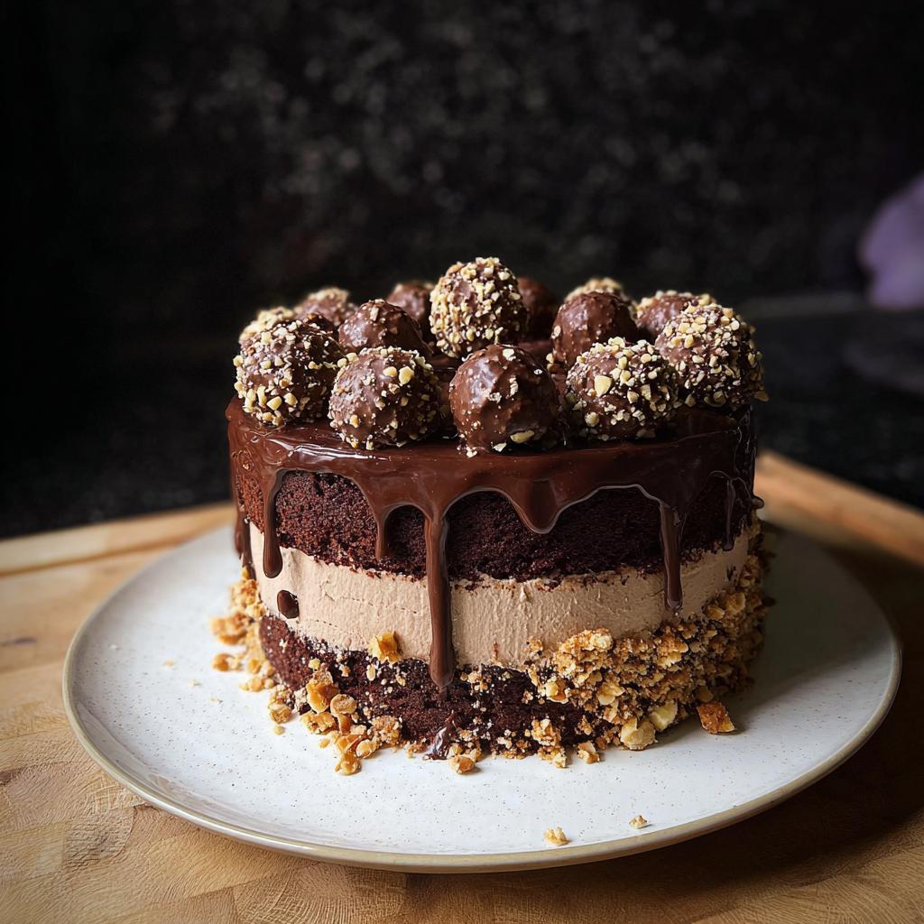 A rich, layered Dark Chocolate Truffle Cake featuring chocolate ganache drip and topped with hazelnut-covered chocolate balls.