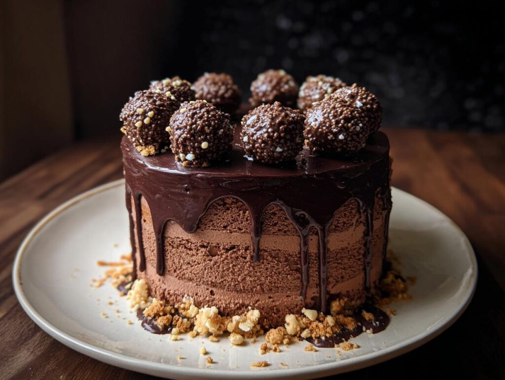 A rich Dark Chocolate Truffle Cake featuring a chocolate drip glaze and topped with chocolate crunch balls.